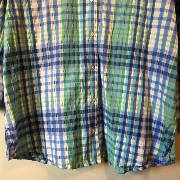 Vintage Alia Plaid Seersucker Green & Blue Picnic Button Down Shirt - Picture 4 of 16